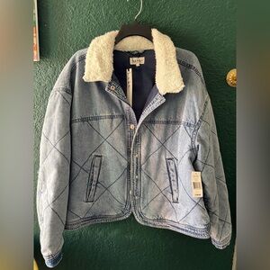 Nicole Miller Denim Quilted Jacket w/ Faux Sherpa Collar Large